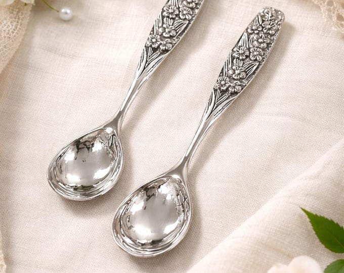Vintage Floral Sterling Silver Salt Spoons, Collectible Miniature Pair