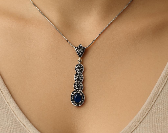 Art Deco Inspired Ruby and Sapphire Marcasite Pendant 925 Sterling Silver