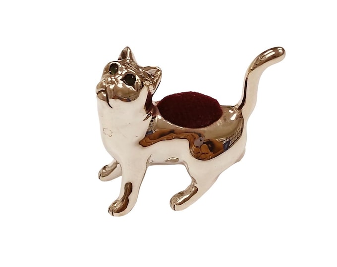 Antique Inspired Cat Kitten Pin Cushion Emerald Eyes 925 Sterling Silver