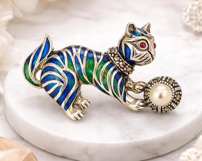 Antique Inspired Enamel Plique a Jour Ruby Marcasite Cat Kitten Pearl Pendant Brooch 925 Sterling Silver