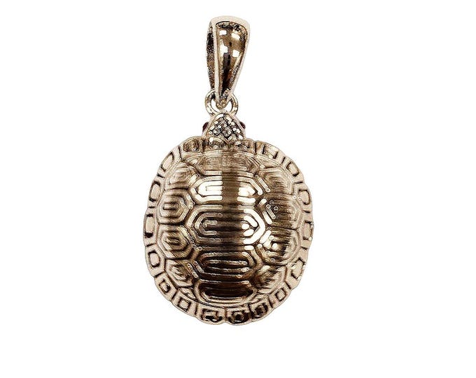 Victorian Style Turtle Tortoise Pill Snuff Box Pendant with Ruby Eyes 925 Sterling Silver