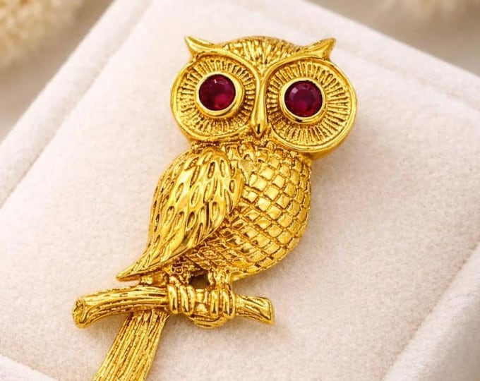 Gold Plated Vintage Sterling Silver Owl Brooch, Ruby Eyes, Woodland Jewelry