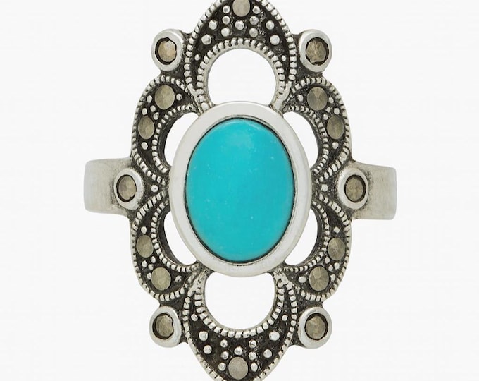 Vintage Style Sterling Silver Filigree Ring with Mother of Pearl Oval and Marcasite Accents Art Deco Statement Jewelry