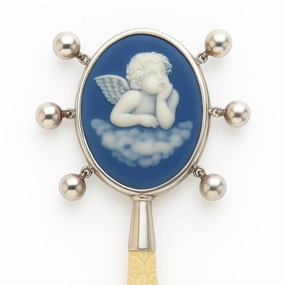 Vintage Baby Rattle With Cupid Cameo Silver and Cream Floral
