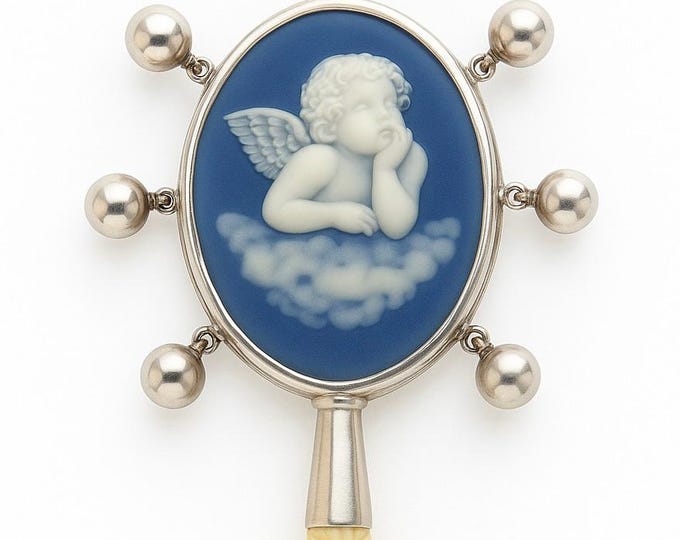 Vintage Baby Rattle with Cupid Cameo Silver and Cream Floral Handle Keepsake Gift Christening or Baby Shower Gift
