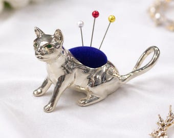 Vintage Style Silver Plated Cat Pin Cushion with Blue Velvet Sewing Accessory, Dressmaker Gift