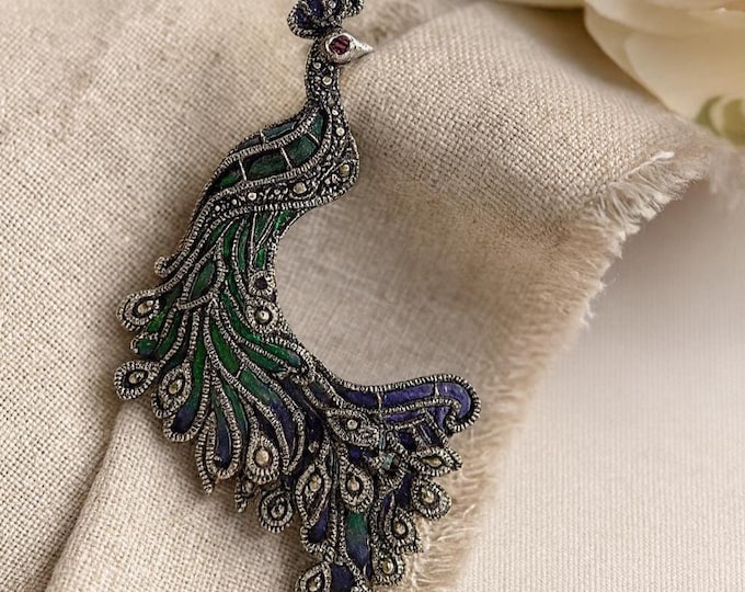 Art Nouveau Inspired Enamel Plique a Jour Ruby and Marcasite Peacock Pendant Brooch 925 Sterling Silver