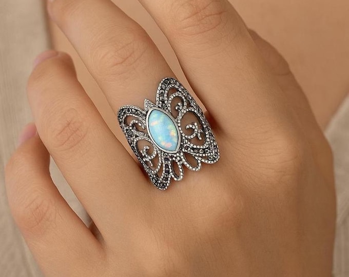 Sterling Silver Gilson Opal and Marcasite Butterfly Filigree Ring Vintage Inspired Statement Jewelry Unique Ring Gift for Her