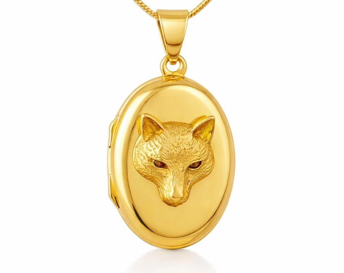 Gold Plated Sterling Silver Fox Head Locket Necklace, Woodland Jewelry