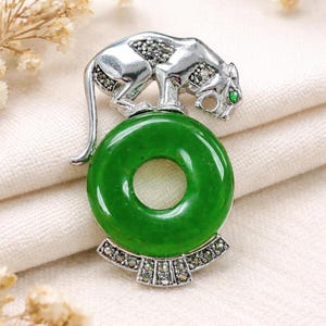 Art Deco Inspired Marcasite and Jade Panther Brooch 925 Sterling Silver