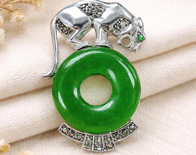 Art Deco Inspired Marcasite and Jade Panther Brooch 925 Sterling Silver