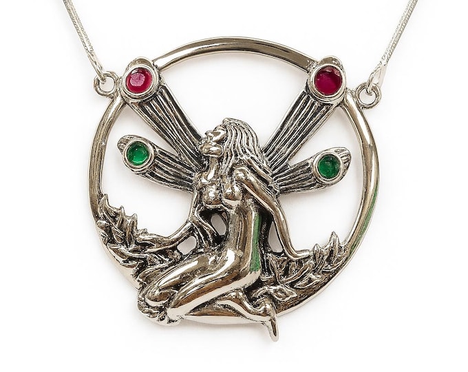 Antique Inspired Emerald and Ruby Fairy Necklace 925 Sterling Silver Hallmarked