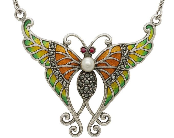 Art Nouveau Butterfly Necklace 925 Sterling Silver Plique-à-Jour Enamel, Marcasite & Pearl Pendant, Vintage Style Statement Jewelry