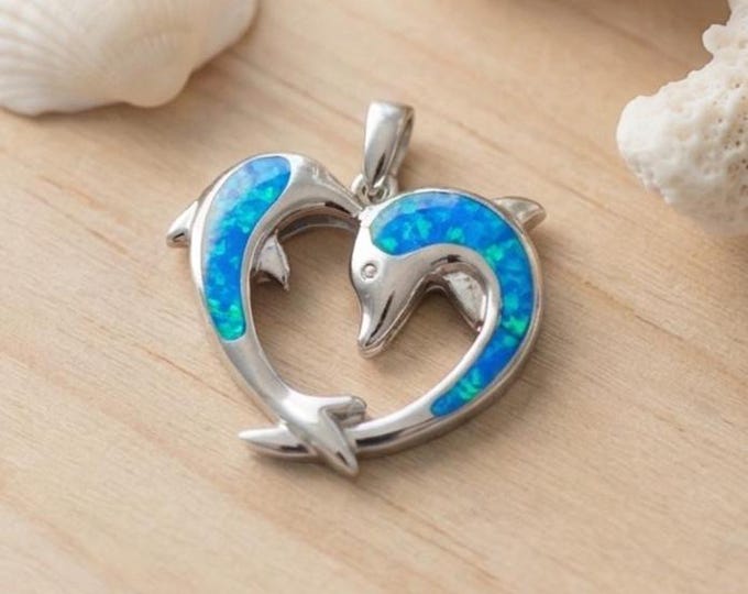 925 Sterling Silver Dolphin Heart Pendant, Blue Gilson Opal, Coastal Ocean Jewelry