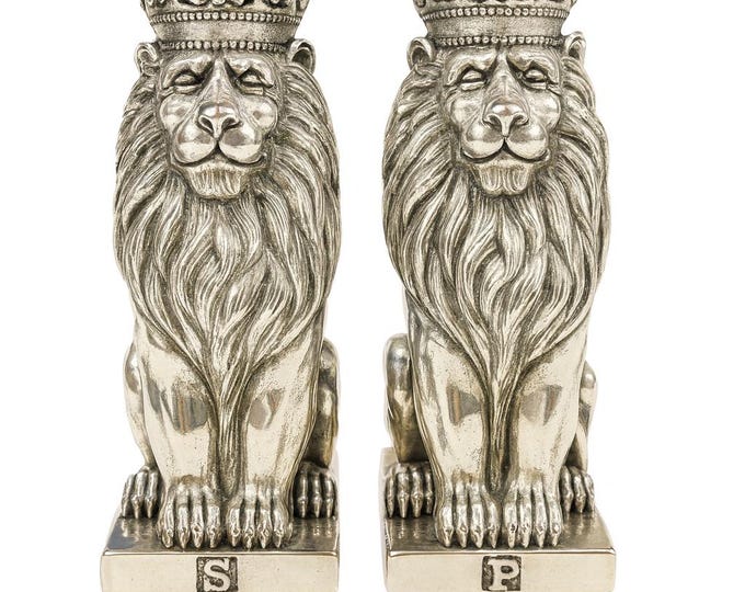 Antique Style Royal Lion Salt and Pepper Shakers 925 Sterling Silver Plate