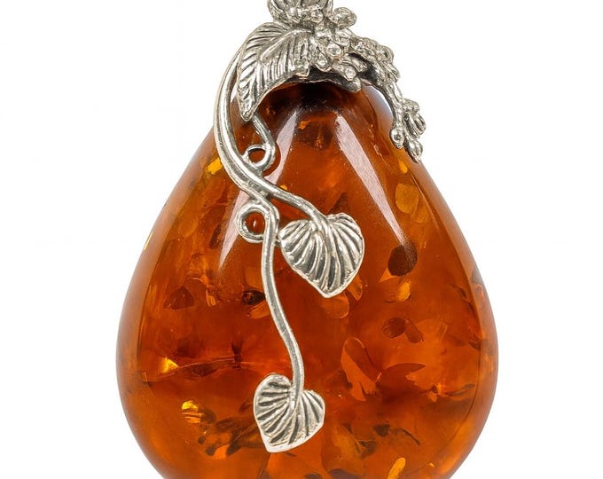 Art Nouveau Inspired Honey Amber Leaf Pendant 925 Sterling Silver