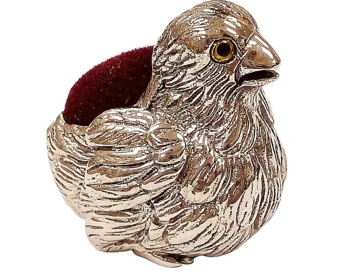 Antique Inspired Little Chick Pin Cushion Glass Eyes 925 Sterling Silver