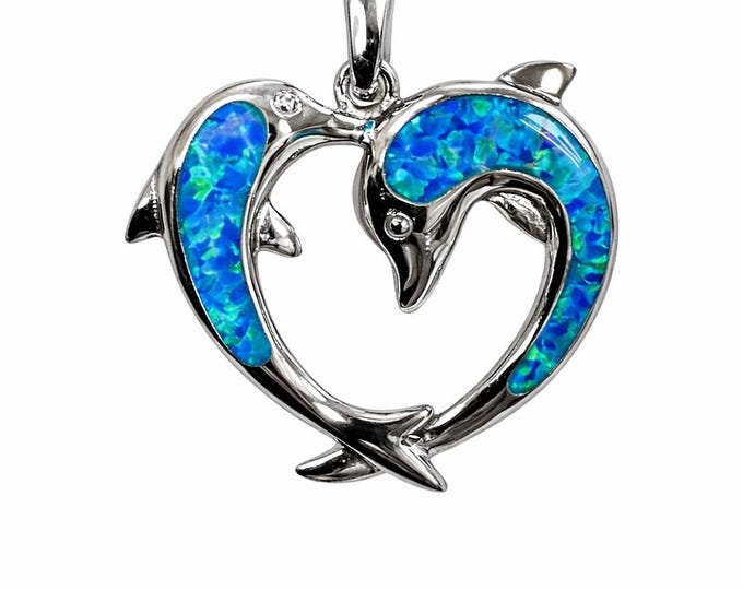 Blue Gilson Opal Dolphin Heart Pendant Necklace 925 Sterling Silver Ocean Jewelry Gift for Her