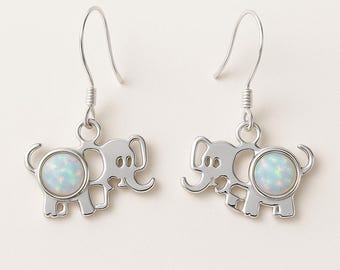 925 Sterling Silver Elephant Earrings with Gilson Opal Opal Dangle Earrings Lucky Elephant Jewelry Gift