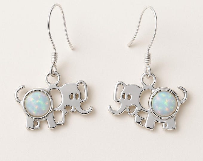 925 Sterling Silver Elephant Earrings with Gilson Opal Opal Dangle Earrings Lucky Elephant Jewelry Gift