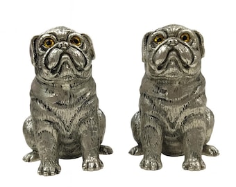 Antique Style Bulldog Glass Eyes Salt and Pepper Shakers 925 Sterling Silver Plate