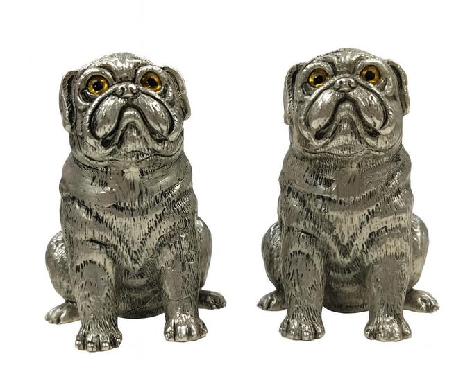 Antique Style Bulldog Glass Eyes Salt and Pepper Shakers 925 Sterling Silver Plate