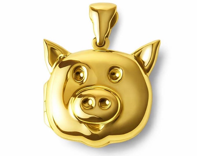 Gold Plated Sterling Silver Pig Face Locket Pendant, Animal Keepsake Necklace