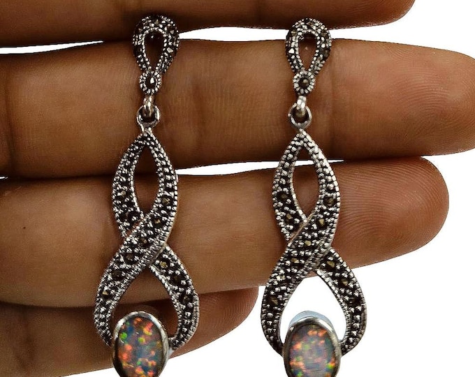 Art Deco Inspired White Gilson Opal and Marcasite 925 Sterling Silver Earrings