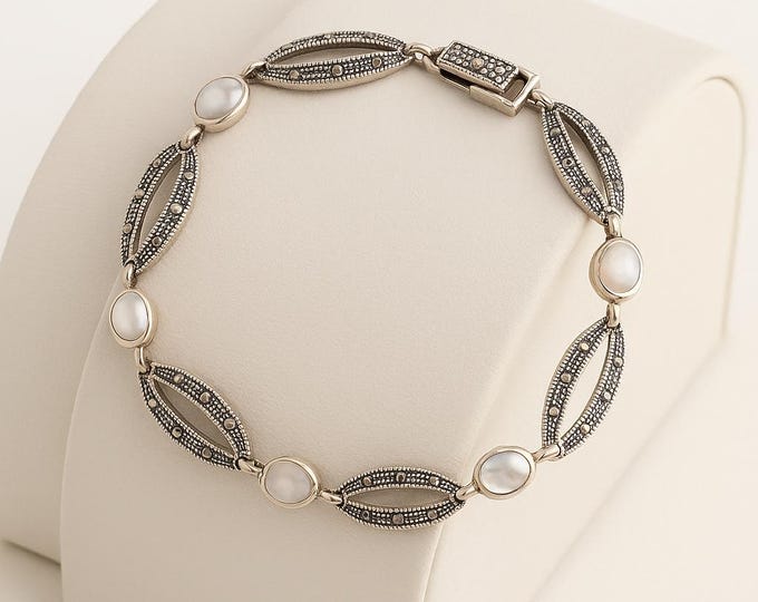 Art Deco Sterling Silver Bracelet, Mother of Pearl & Marcasite