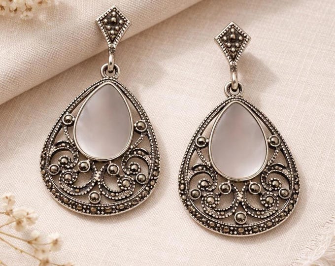 Sterling Silver Dangle Earrings, Mother of Pearl Teardrop, Marcasite Accent