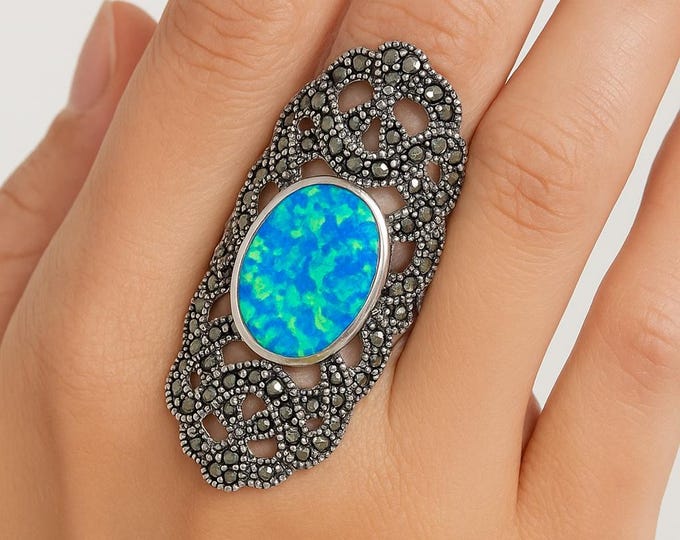 Sterling Silver Gilson Opal and Marcasite Statement Ring Jewelry Gift for Her