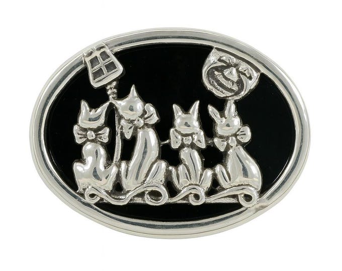 Antique Style Onyx Cat Brooch 925 Sterling Silver Hallmarked