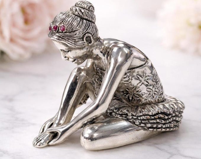 Vintage Style Silver Plated Ballerina Figurine Elegant Dancer Ornament with Ruby Detail, Collectible Ballet Decor