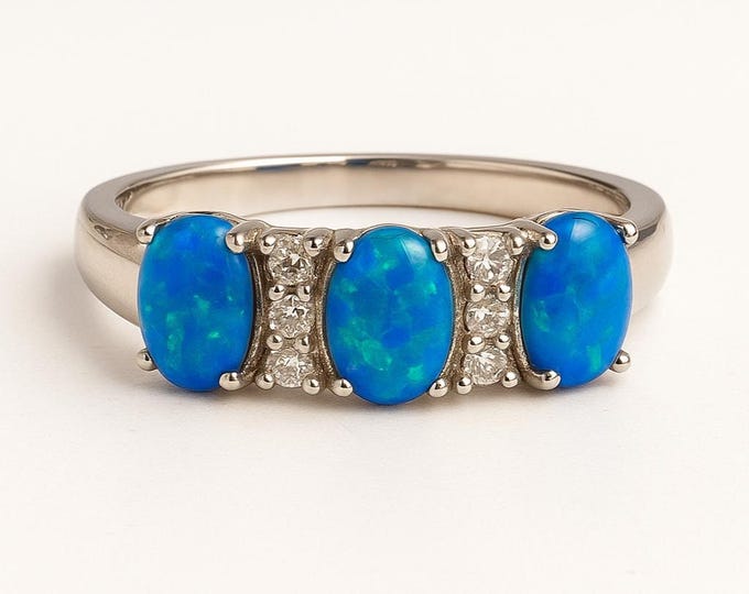 925 Sterling Silver Gilson Opal and CZ Ring Three Stone Blue Opal Band Vintage Style Opal Statement Ring October Birthstone Gift for Her