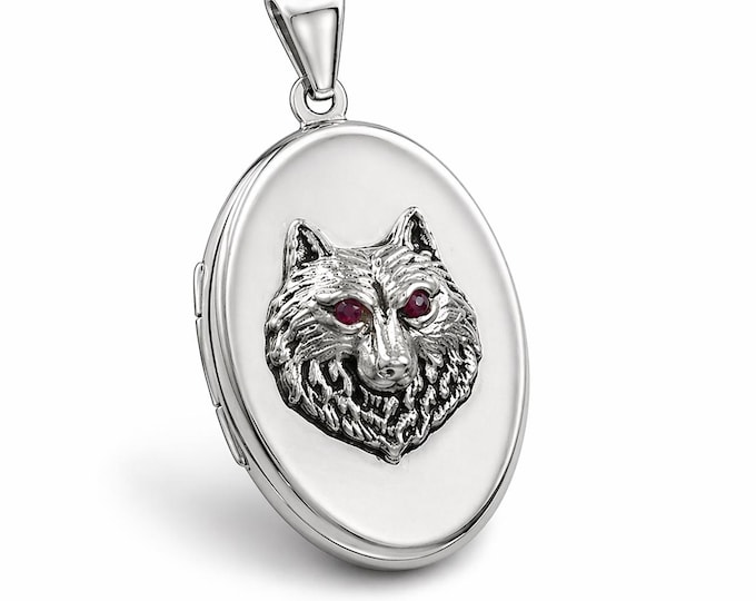 925 Silver Plate Ruby Wolf Locket Pendant, Engraved Wolf Necklace