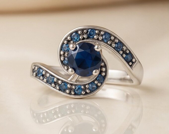 Genuine Chantaburi Sapphire Ring 925 Sterling Silver Multi-Stone Sapphire Band Natural Deep Blue Sapphire Jewelry Thai Sapphire Gift for Her