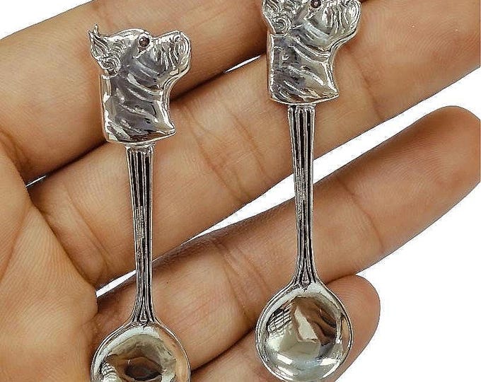 Antique and Vintage Style Pair of Salt Spoons Bull Dog with Ruby Eyes 925 Sterling Silver Collectible Spoons, Miniature Spoons