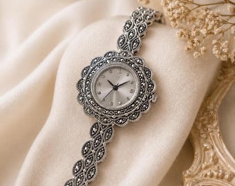 Vintage Marcasite Sterling Silver Bracelet Watch, Elegant Women’s Dress Watch