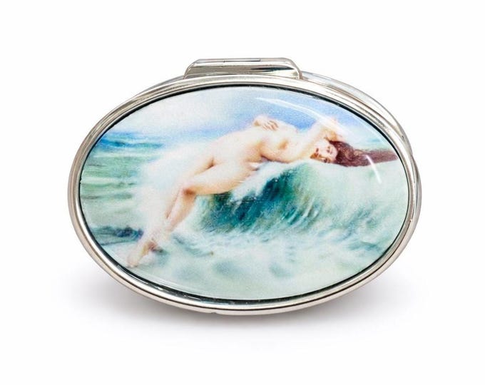 Vintage 925 Sterling Silver Oval Pill Box with Art Nouveau Nude Wave Miniature Antique Style Silver Trinket Case