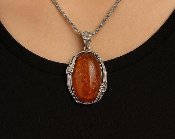Art Nouveau Inspired Honey Amber Pendant 925 Sterling Silver