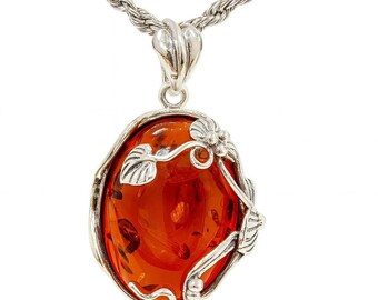 Art Nouveau Inspired Honey Amber Leaf Pendant 925 Sterling Silver