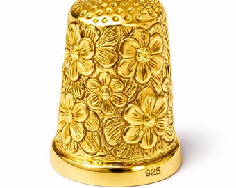 Gold Plated Vintage Style Sewing Thimble with Intricate Flower Design 925 Sterling Silver Collector’s Gift