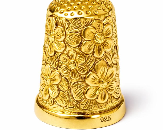 Gold Plated Vintage Style Sewing Thimble with Intricate Flower Design 925 Sterling Silver Collector’s Gift