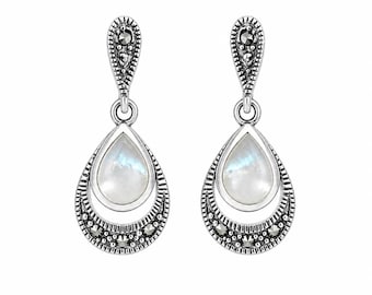 Art Deco Mother of Pearl Drop Earrings, Marcasite 925 Sterling Silver
