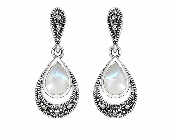 Art Deco Mother of Pearl Drop Earrings, Marcasite 925 Sterling Silver