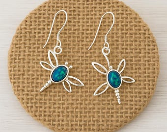 925 Sterling Silver Dragonfly Opal Earrings Blue Green Opal Dangle Earrings, Nature Inspired Insect Jewelry, Gift for Her