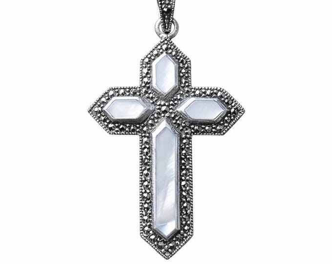 Victorian Sterling Silver Mother of Pearl Marcasite Cross Pendant Necklace