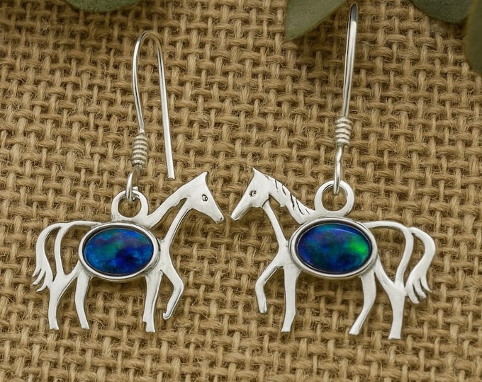 925 Sterling Silver Horse Earrings with Gilson Opal Opal Dangle Earrings Gift for Her