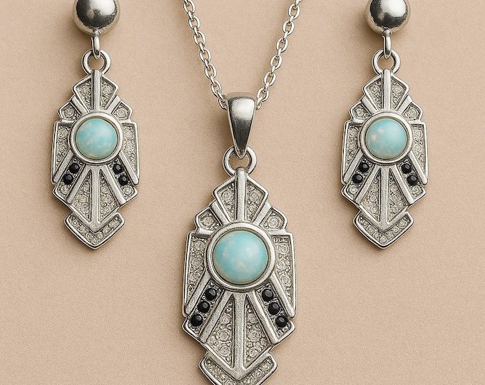 Gilson Opal Cubic Zirconia Earrings and Pendant Set 925 Sterling Silver Hallmarked