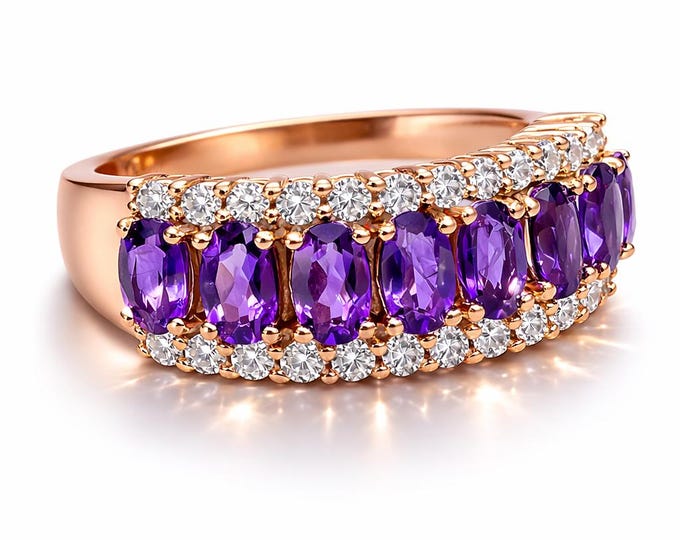 Oval Cut Amethyst Band, Rose Gold Sterling Silver Statement Ring